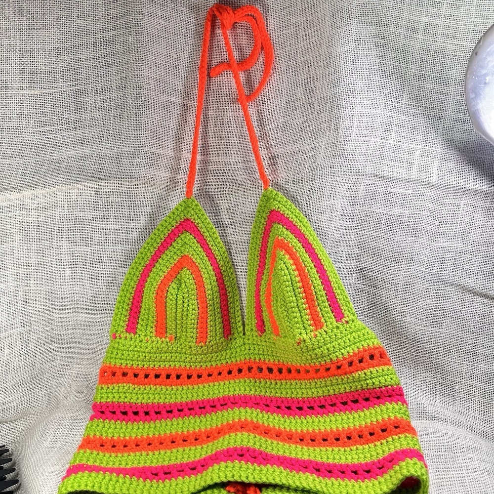 Handmade‎ Crochet Halter Top Neon Green Pink Orange Adjustable Lace Festival